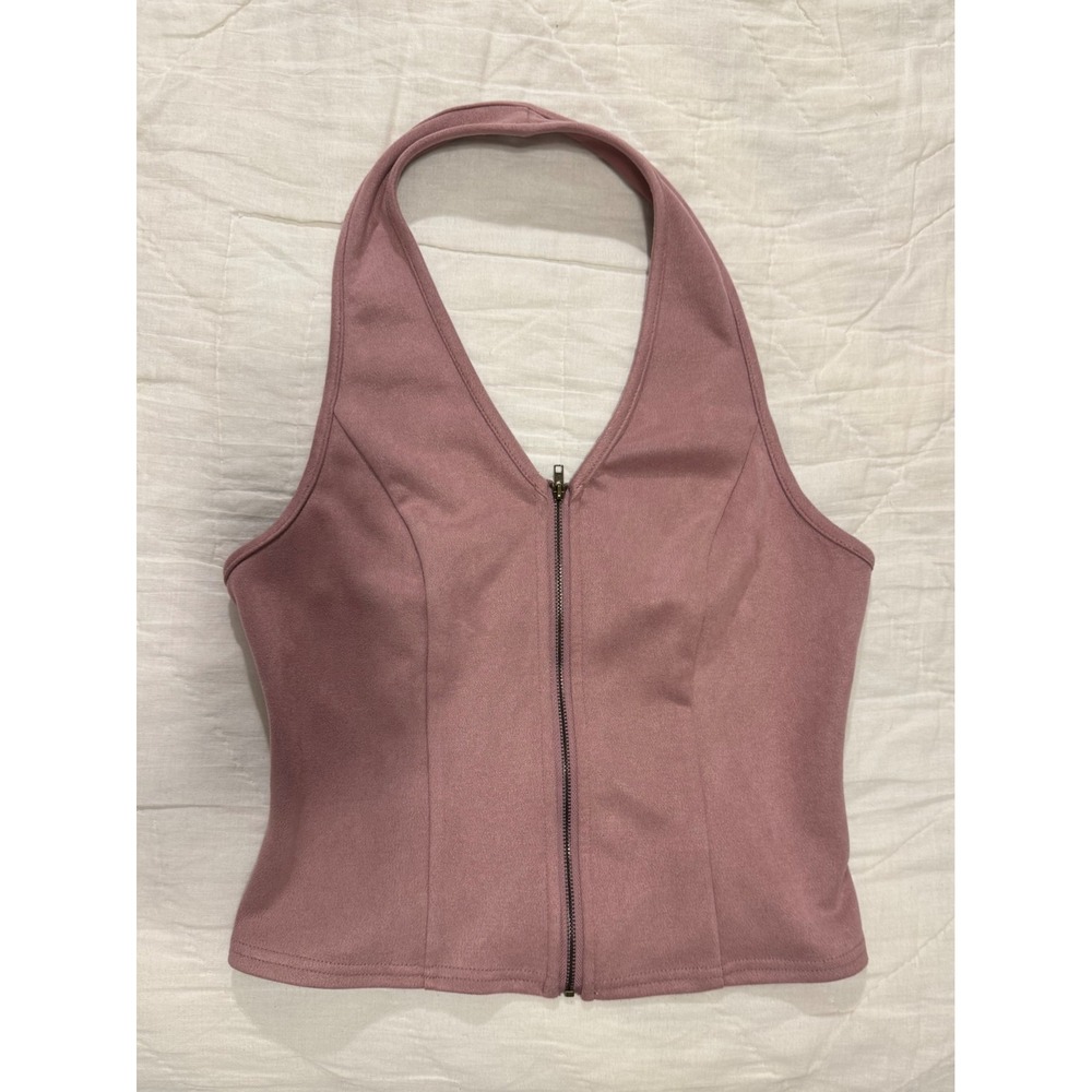Wild Love Mauve Pink Faux Suede Zip Front Halter Top Medium Dusty Rose Western
